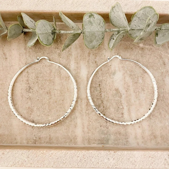 Jewelry - 925 Sterling Silver Hoop Earrings Textured Large Hoop Earrings Diamond Cut Hoops